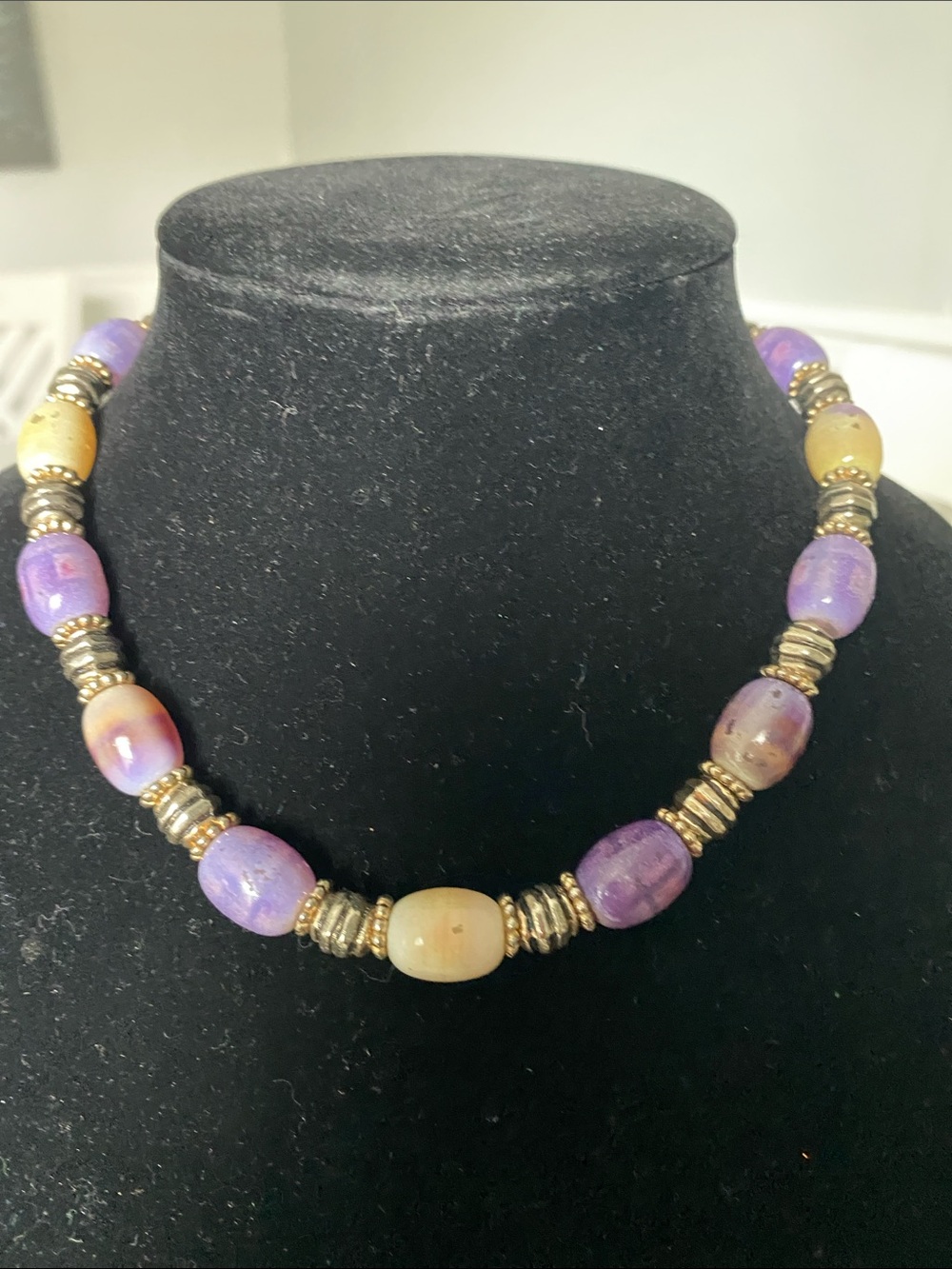 Vintage Purple and Cream Bead Necklace with Gold-Tone Spacers